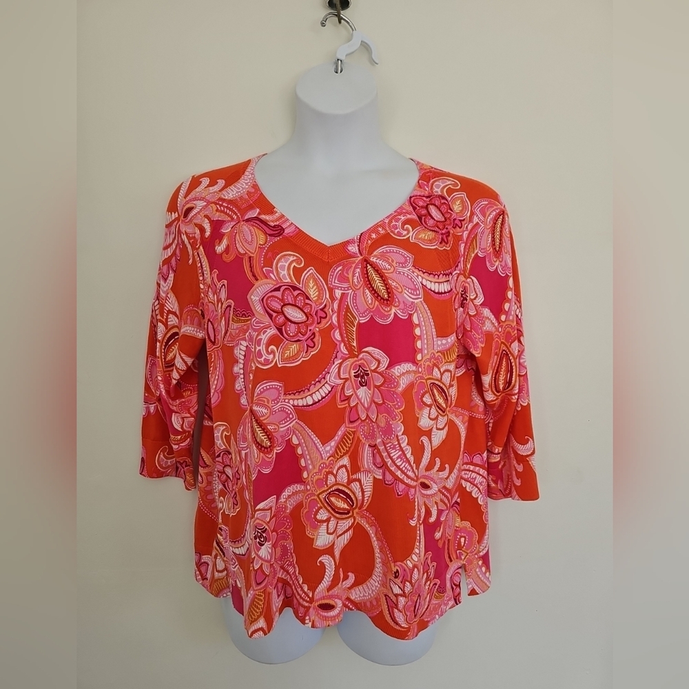 Talbits Multicolor Floral Lightweight Pullover Sweater Size PXL V-neck 3/4 Slv